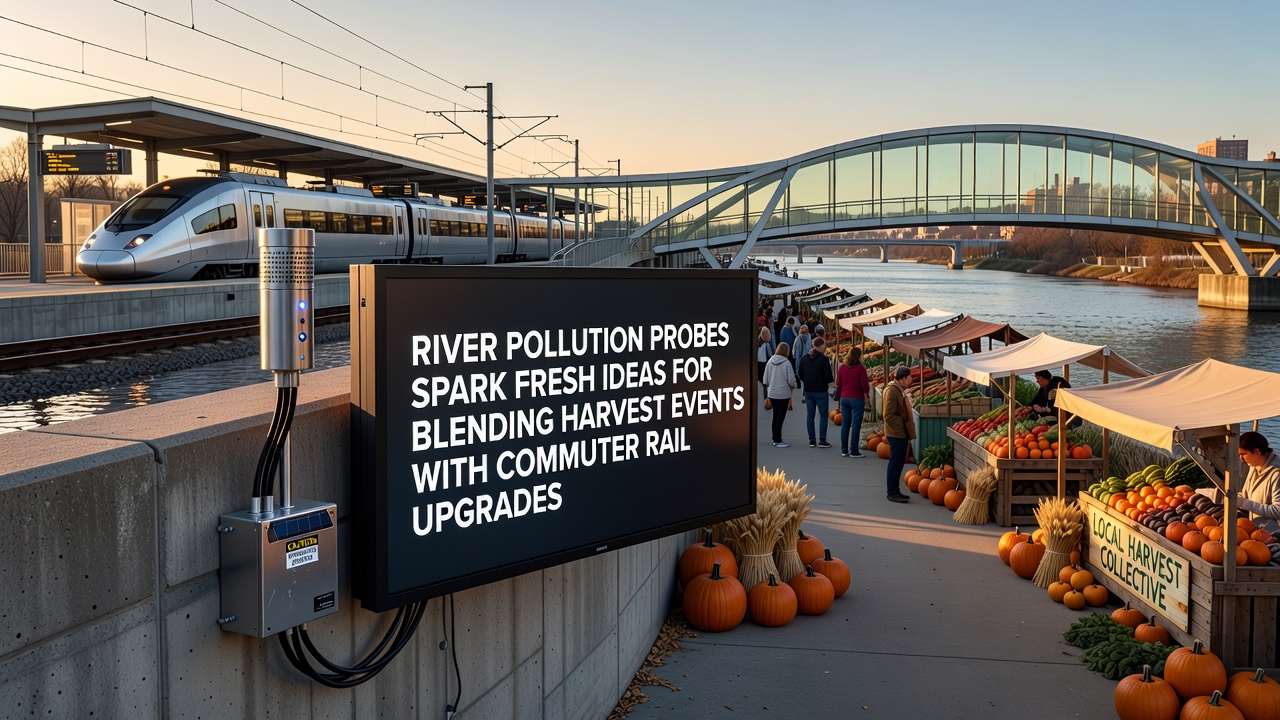 Community harvest event near upgraded rail station with school buildings visible in background